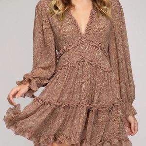 She + Sky Long Sleeve V Neck Printed Tiered Dress